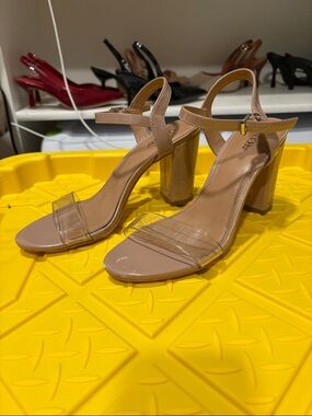 Women’s Nude Block Heel Sandals with Clear Strap